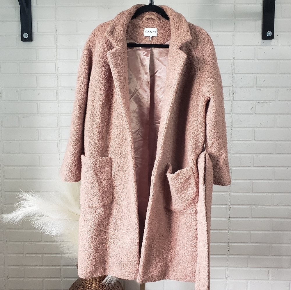 Ganni Fenn Boucle Muave Tan Long Wrap Coat size Small - Picture 8 of 12